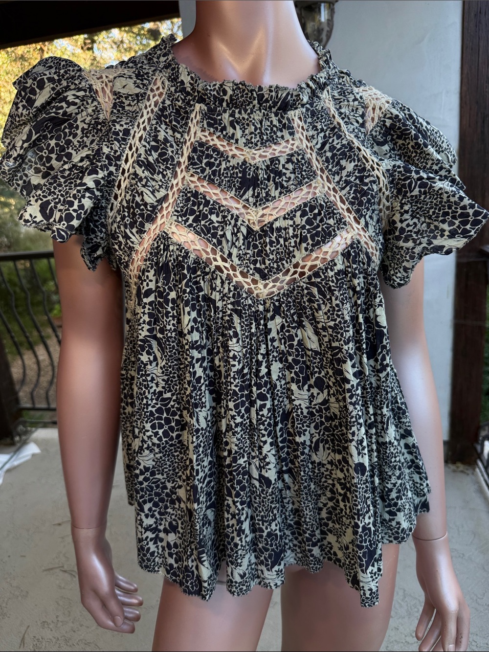 Sea New York top Priya Flutter Sleeve Floral navy blue pale green crochet lace S - Picture 12 of 17